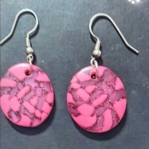 Vibrant Pink Marbled Disc Earrings with Silver Hooks